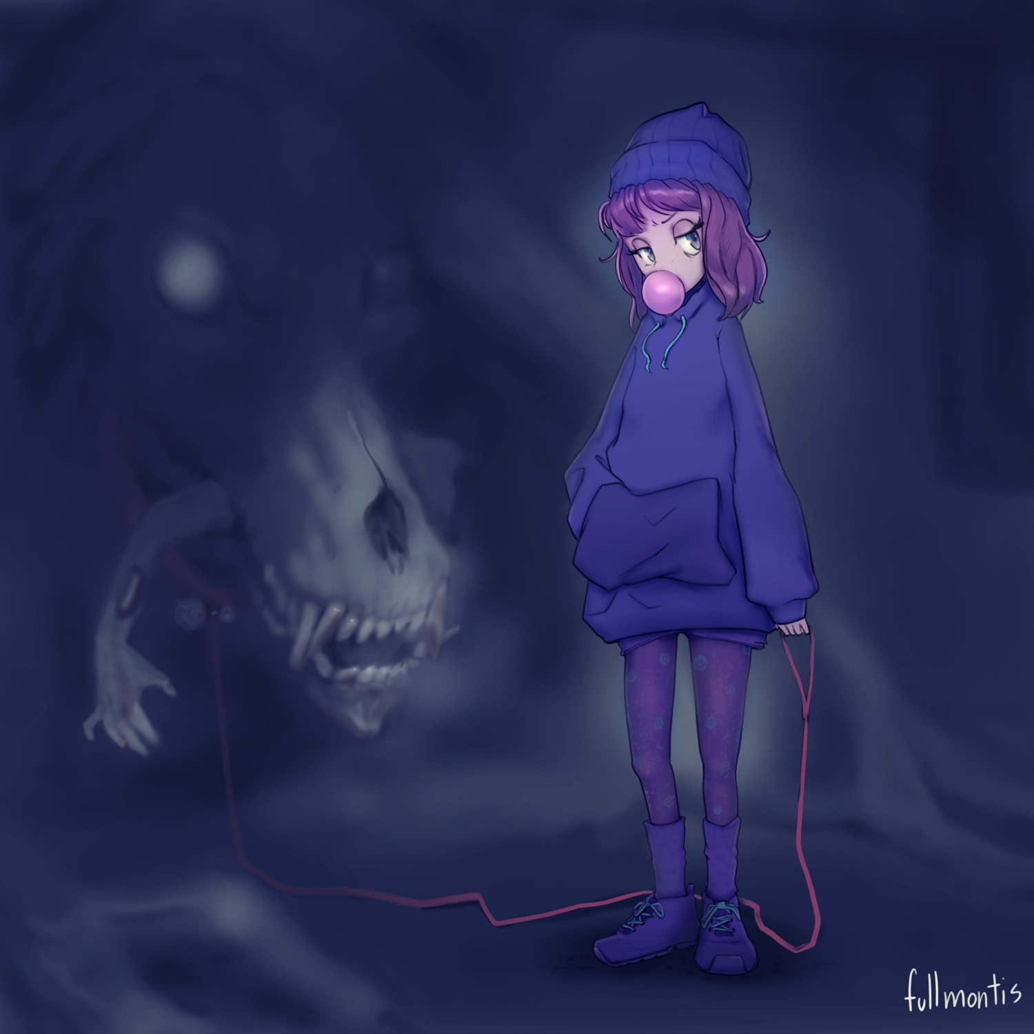 anime girl with a creepy monster pet on a leash