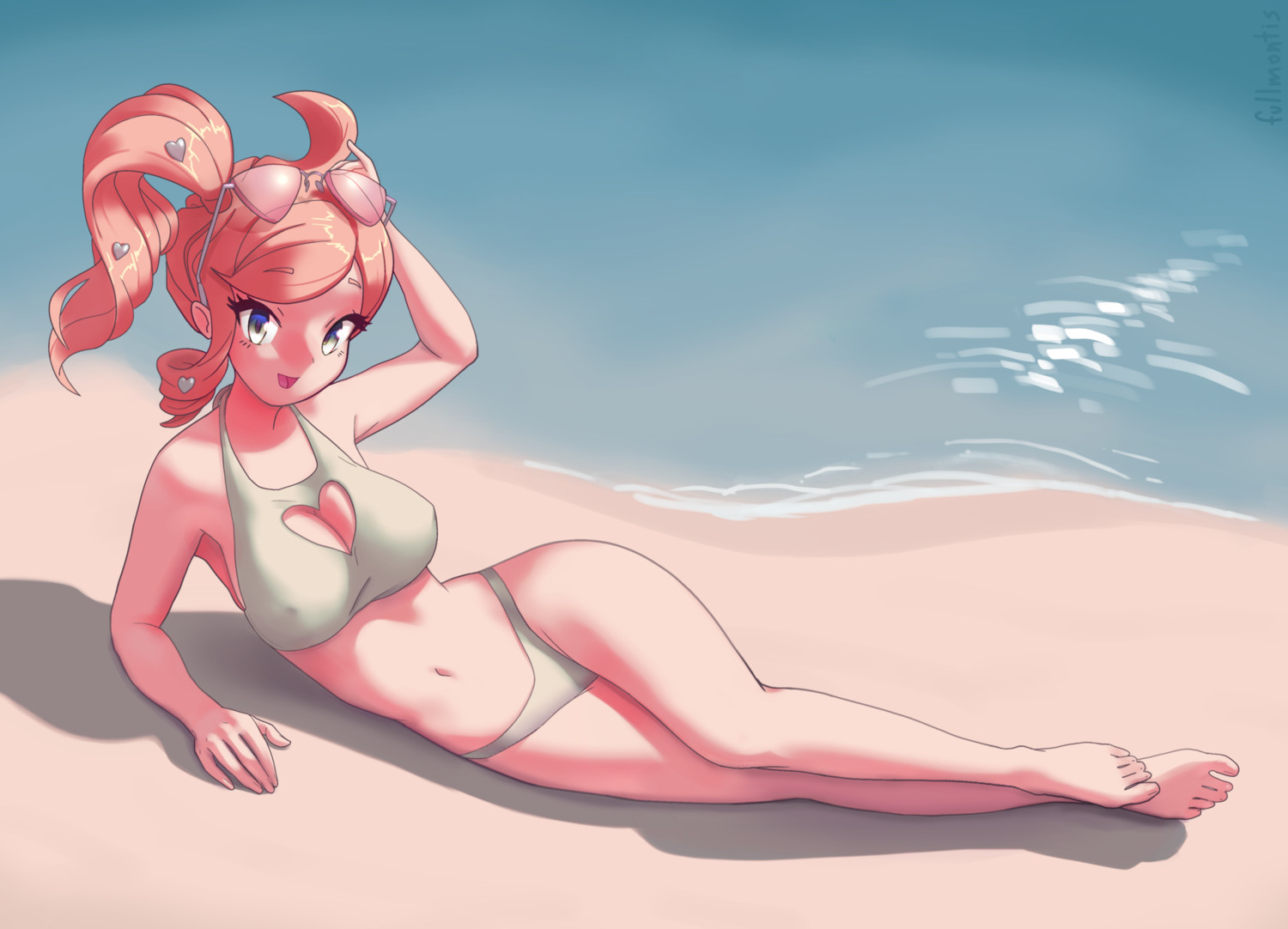 sonia from pokemon sword and shield on the beach with a bikini