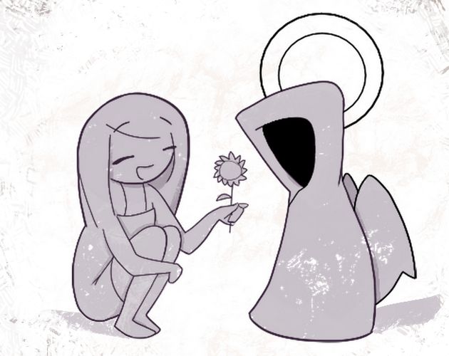 a
			     girl giving a flower to a winged angel