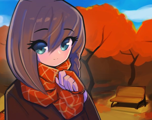 anime girl smiling
                 in a park in autumn